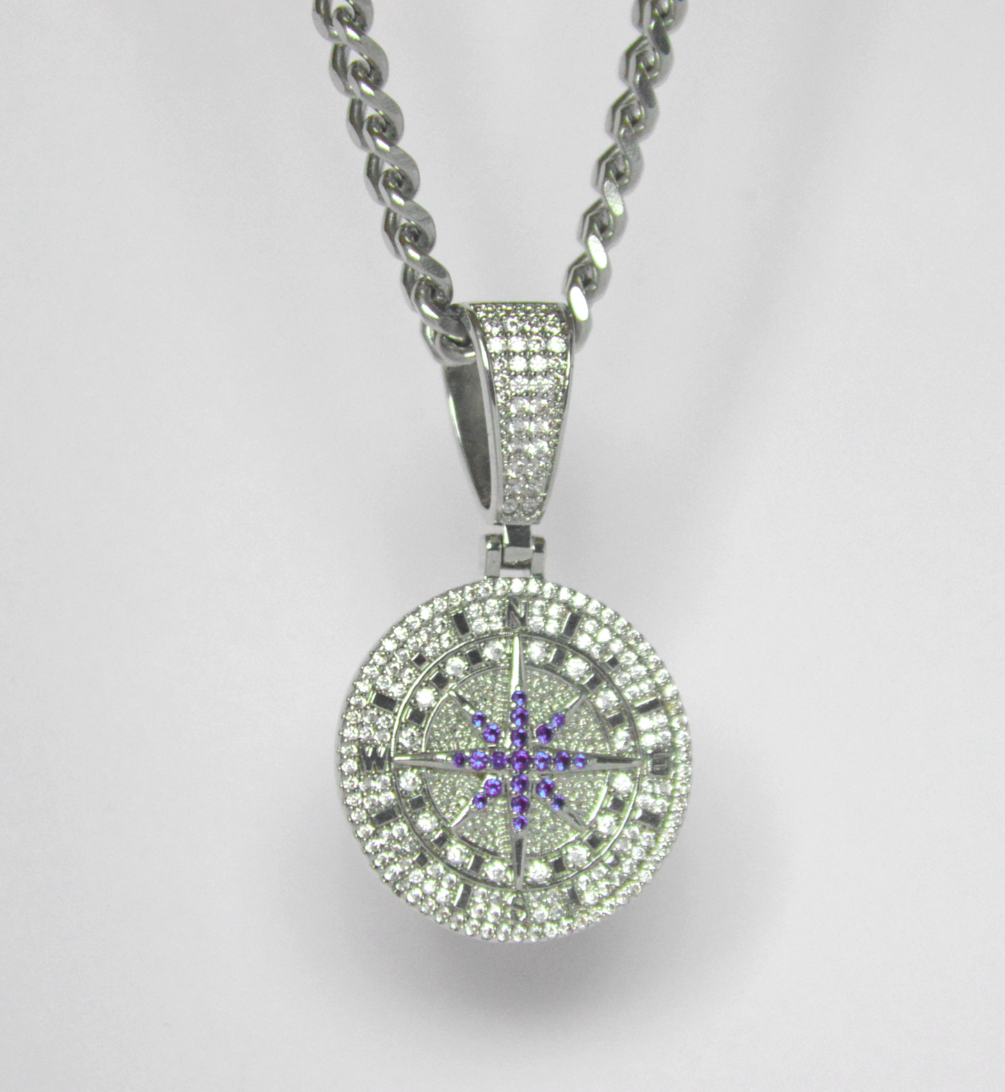 Iced Compass Pendant White Gold